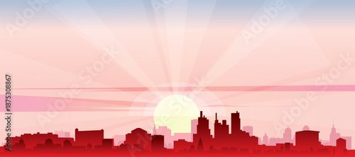 Red panoramic poster of the city skyline with misty background buildings, sunrise, moon and clouds of DETROIT, MICHIGAN