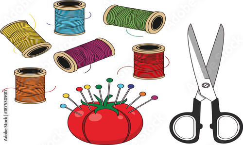Sewing and tailoring tools set with colorful thread spools, scissors, and pin cushion, flat vector illustration