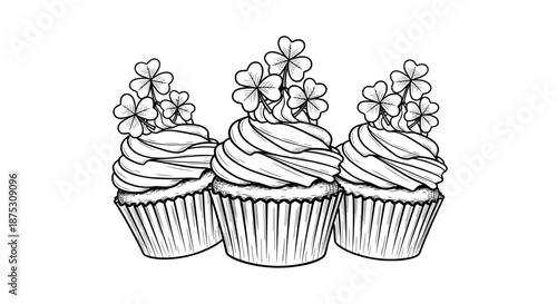 St. Patrick’s Day cupcakes with shamrock toppers illustration