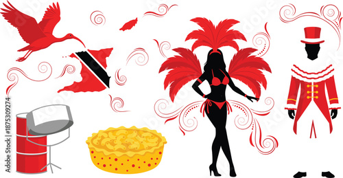 Trinidad and Tobago carnival elements set with dancer silhouette, steel drum, hummingbird, flag, and traditional costume vector