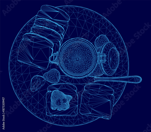 A wireframe vector illustration overlays a plate of toast with strawberry jam and fresh fruit. The artistic design sits on a clean blue background for a unique graphic style.