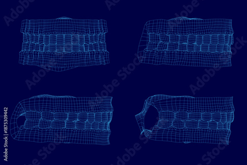 Four distinct human teeth with wireframe line drawings are arranged on a stark blue background, featuring molars and incisors in a clean dental illustration.