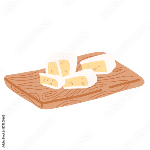 Camembert cheese on chopping wooden board. Sliced brie. French soft creamy cheese on wooden tray. Whimsical doodle illustration isolated on white background.