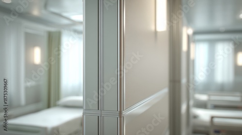 Focused medium view of a fourroom pod in a flexible medical facility highlighting the seamless panel joints with background spaces gently out of focus.