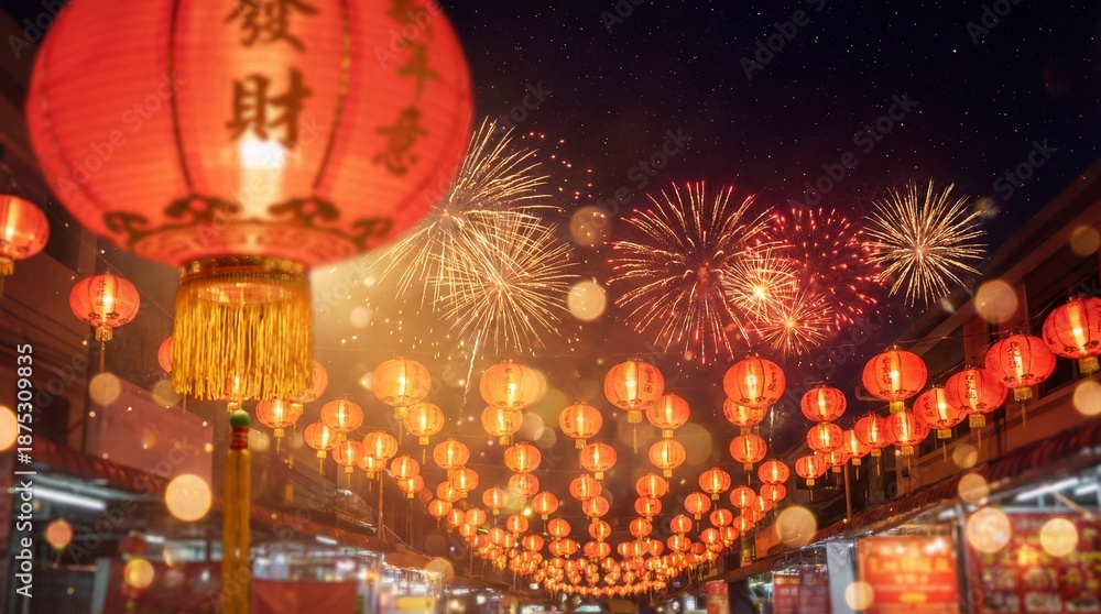 Fototapeta premium Celebrating lunar new year colorful lanterns and fireworks in a traditional chinese festival atmosphere at night
