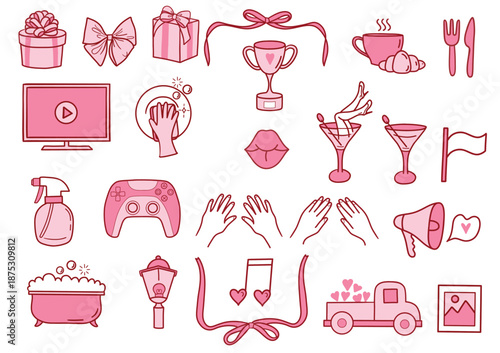 Icons for designing for lovers, wishes, Valentine's cards, postcards, coupons. Vintage Valentine's Day set. Cupids, hearts, flowers, and gifts. Vintage design elements with a pink outline.