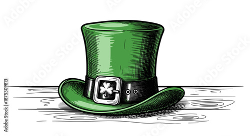 Green leprechaun hat with shamrock buckle on wooden surface