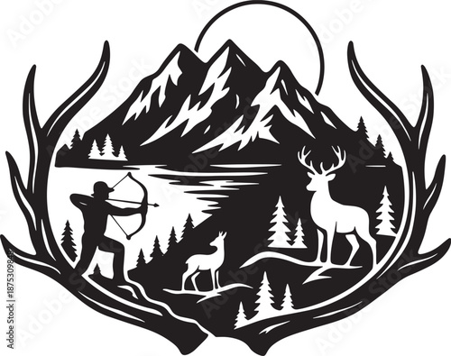 Wilderness Hunting and Wildlife Silhouette Design with Deer Antler Frame