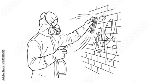 person cleaning graffiti on the wall with special equipment simple line art shape vector illustration