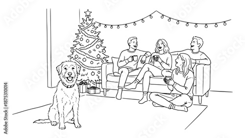 beautiful view of a family having fun beside the christmas tree on the sofa laughing and drinking and on the left there is a cute dog sitting