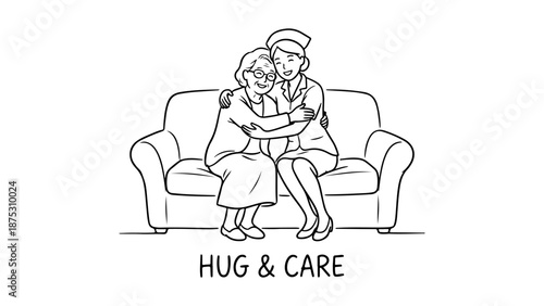 hug & care abstract image with nurse hugging grandmother on the sofa simple line art vector illustration