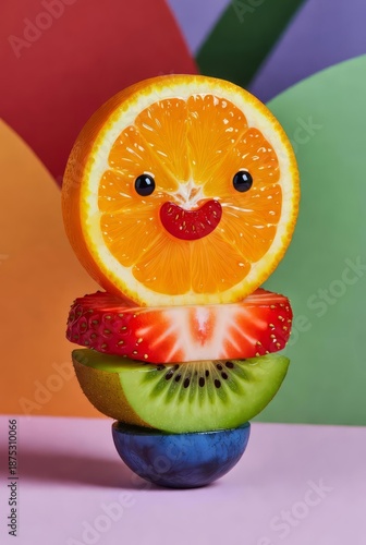 A cheerful surreal character design of a cute toy-like creature built from glossy fruit shapes, set against a simple colorful background