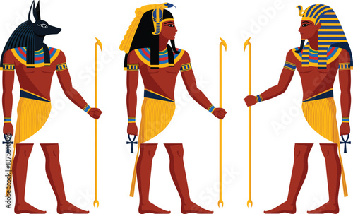 Ancient Egyptian gods Anubis and pharaoh figures holding staffs, traditional flat vector illustration set