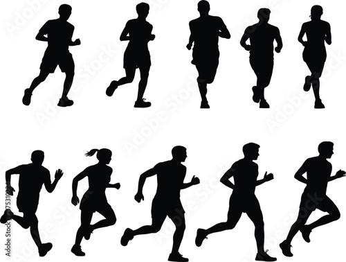 Professional running and jogging people silhouette set, active athletes training vector flat illustration fitness collection