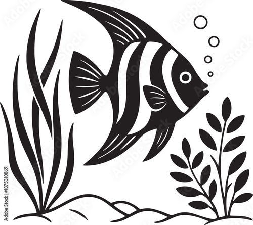 Black and white illustration of an angelfish swimming near aquatic plants and bubbles