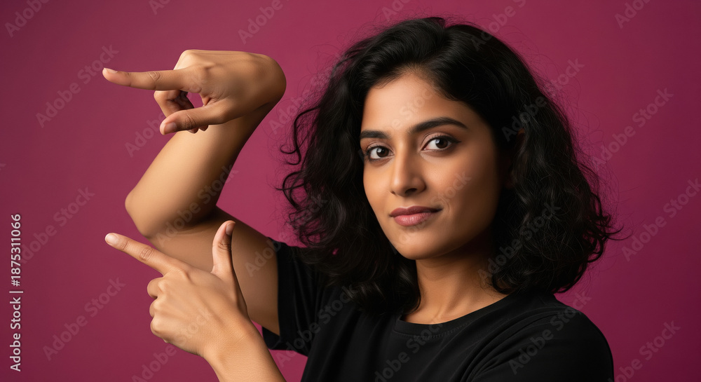 Fototapeta premium Young beautiful indian woman pointing finger on empty space