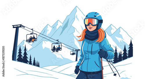 Young woman wearing a helmet and goggles standing on a snowy slope with ski lifts and mountain peaks in the background.