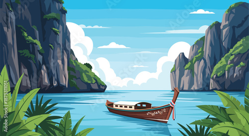 Traditional wooden boat floating on calm turquoise water in a tropical bay surrounded by high limestone cliffs and lush greenery.