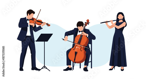 Classical music trio featuring a violinist, a cellist, and a flutist performing together in formal attire on a simple stage.