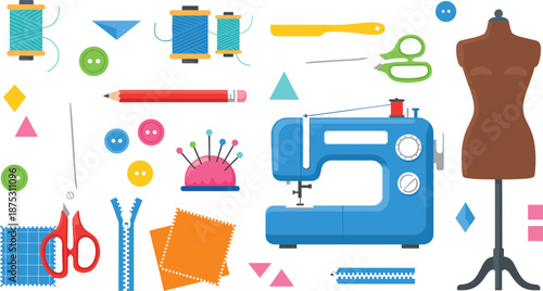 Sewing and tailoring equipment set with sewing machine, threads, scissors, buttons, and mannequin flat vector illustration