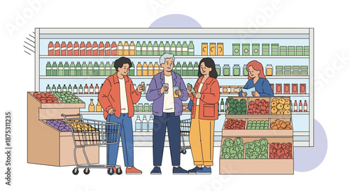 Group of diverse friends shop for fresh fruits and vegetables in a well-stocked supermarket aisle with refrigerators full of beverages.