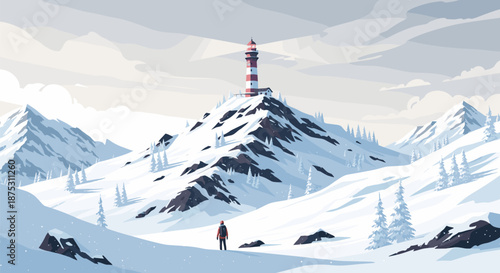 Solitary adventurer stands in a vast snowy mountain landscape gazing up at a red and white striped lighthouse built on a high rocky peak.