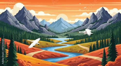 Graceful white swans fly over a winding blue river that flows through an autumn valley surrounded by tall forests and mountain peaks.