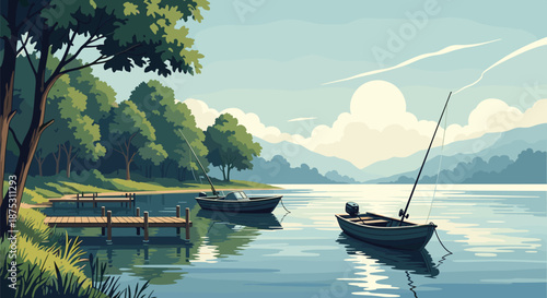Tranquil lake scene at dawn or dusk features two fishing boats moored near a wooden pier with calm waters reflecting the mountains and sky.