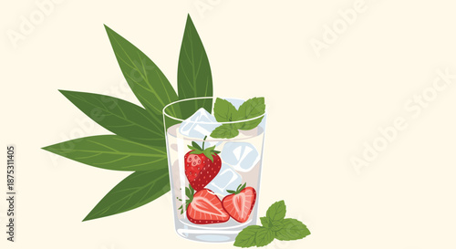 Refreshing glass of ice-cold lemonade or a cocktail garnished with fresh strawberries and mint leaves against a light cream background.