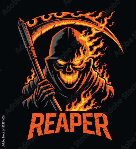 Intense flaming grim reaper skull with a menacing scythe, embodying death and dark power