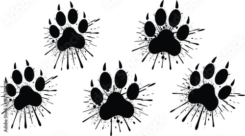 Black animal paw print silhouette set with ink splatter effects, dog and cat track vector illustration