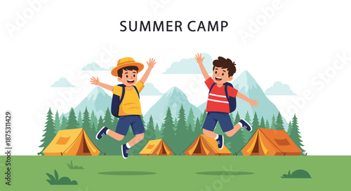 Two joyful boys wearing backpacks jump with excitement at a summer camp in the mountains surrounded by green grass, trees, and tents.
