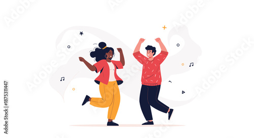 Energetic man and woman enjoy dancing together amidst abstract shapes and musical notes on a clean white background expressing pure joy.