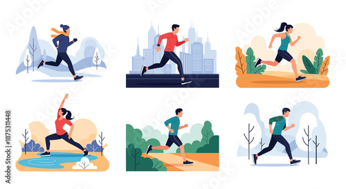 Collection of six illustrations showing diverse people running and doing yoga in different outdoor settings including city and forest.