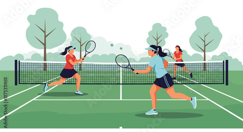 Three women participate in a competitive game of tennis on a professional green court surrounded by lush green trees in a public park.
