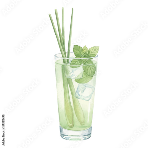 Lemongrass and Mint Cooler Watercolor Illustration, Fresh Green Herbal Drink, Hand Painted Vector Isolated on White

