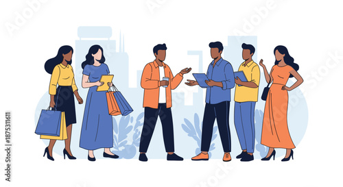 Group of six diverse men and women engage in conversation and walking while carrying shopping bags and tablets against a city backdrop.