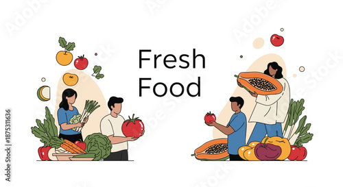 Group of people happily hold large baskets and individual pieces of fresh colorful vegetables like tomatoes, pumpkins, and greens.