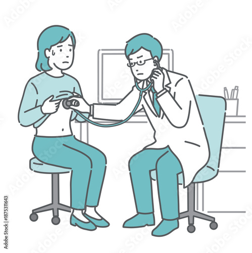 聴診器で異常を確認する男性医師（白衣・体調不良の女性患者）