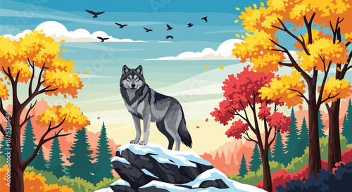 Majestic grey wolf stands alert on a snow-covered rock amidst a vibrant forest showing both autumn colors and signs of winter snow.