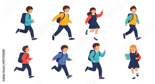 Diverse group of eight school children with backpacks are running and walking with excitement on their way to or from school together.