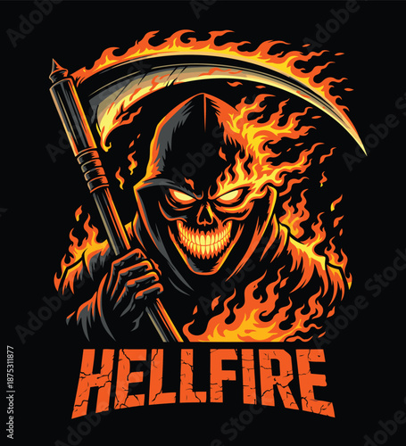 Flaming skull grim reaper with scythe engulfed in hellfire digital art illustration