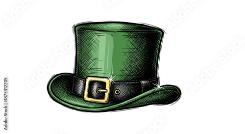 Green leprechaun hat illustration with buckle on white background