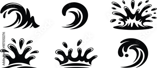 Black ocean water wave and splash silhouette set, sea surf spray vector flat illustration icon collection