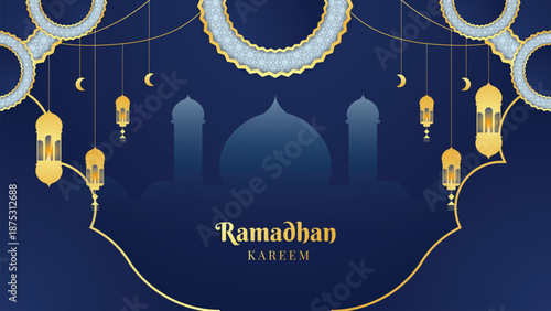 Ramadan Kareem Blue Islamic Background with Decorative Ornament Frame, Mosque, Lantern and Pattern Islamic