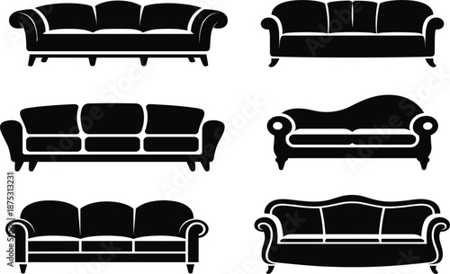 sofa and couch silhouette set, classic furniture home interior decor vector flat illustration icon collection,