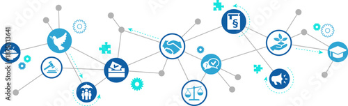 Human rights vector illustration. Blue concept with icons related to equality, peace, cooperation & justice / freedom from discrimination & injustice / equal & civil rights / fairness & ethics.