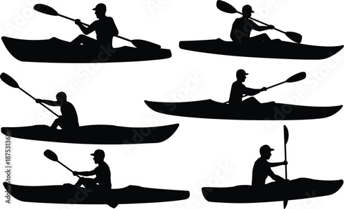 Professional kayak and canoe silhouette set, active outdoor rowing and paddling vector flat illustration sports collection