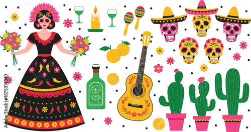 Day of the Dead Mexican illustration set with Catrina, sugar skulls, guitar, cactus, flowers and festive icons