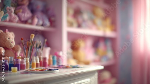Wallpaper Mural Medium shot of a bright art table set with paints and brushes in sharp focus surrounded by softly blurred toys and shelves in the cozy corner. Torontodigital.ca